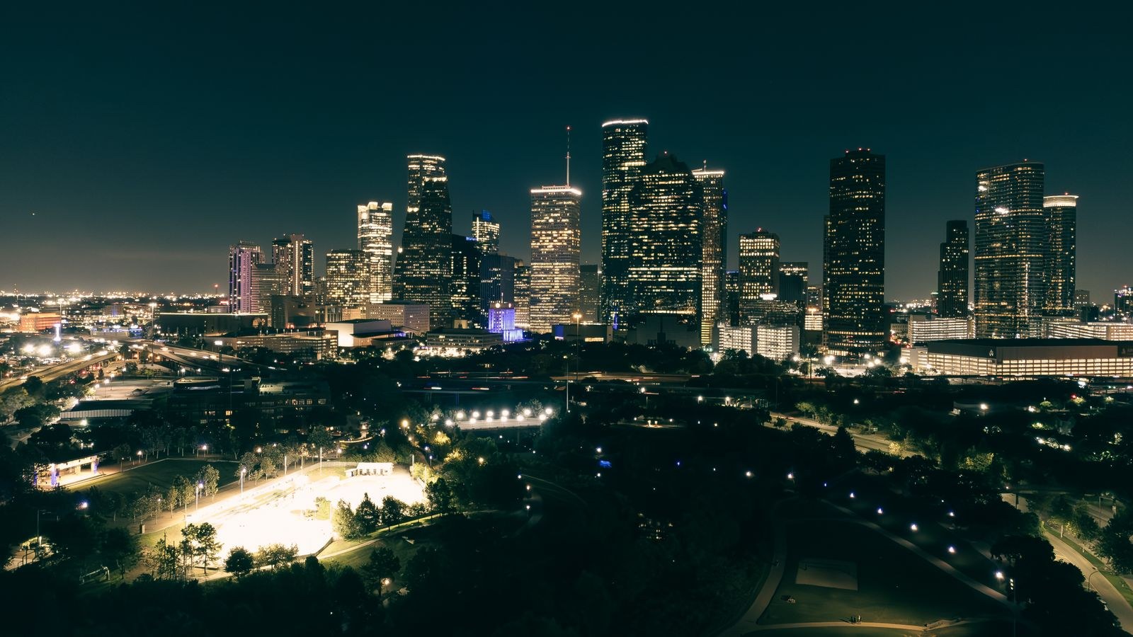 Houston skyline from a green park