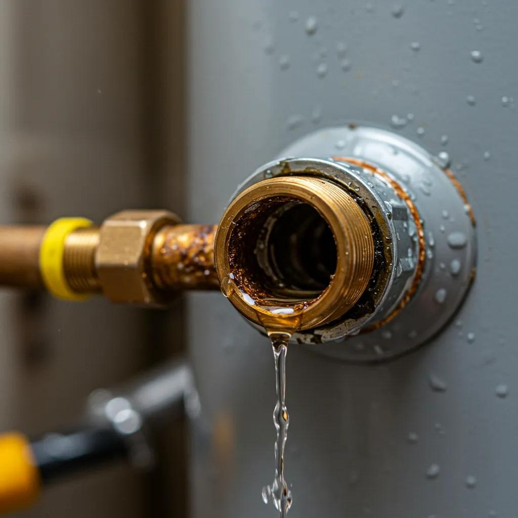 Close-up of a leaking water heater showing corrosion and water droplets
