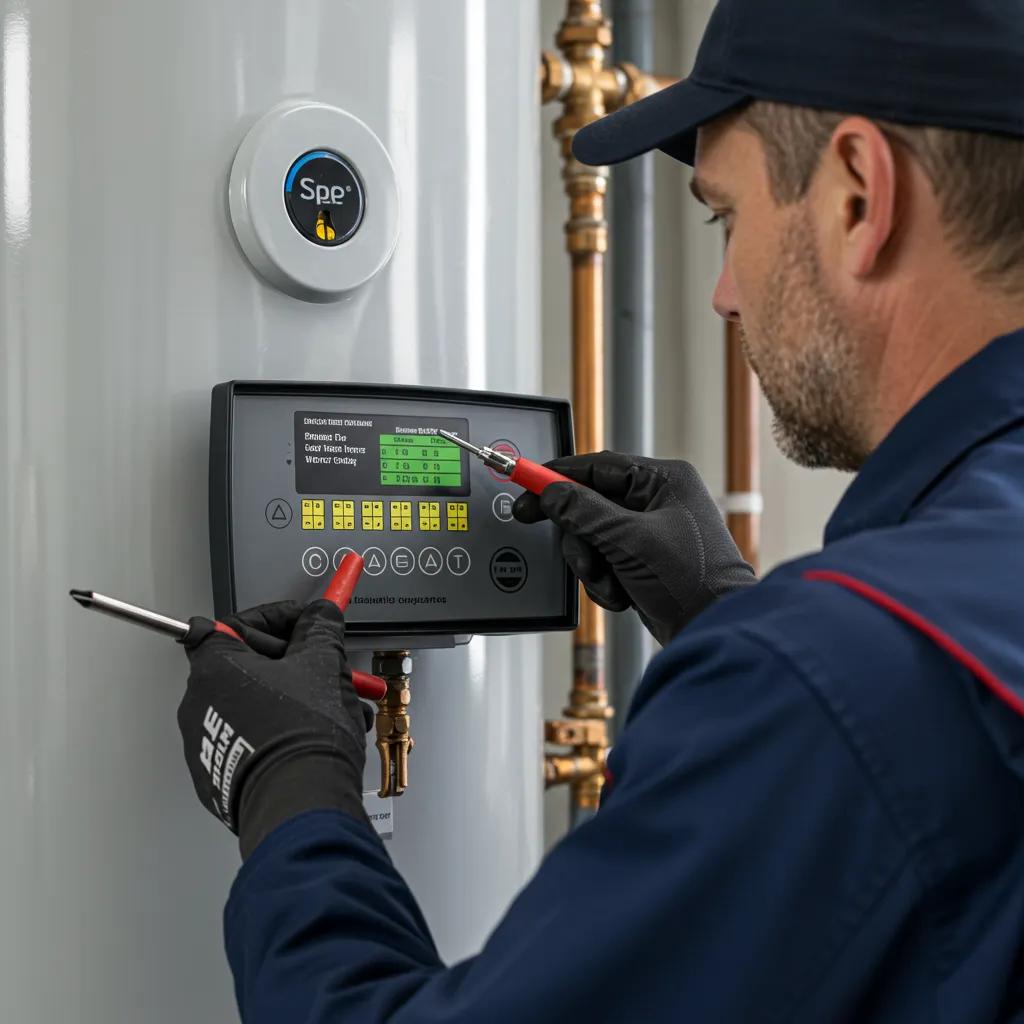 Technician examining tankless water heater control panel with error codes, showcasing repair expertise