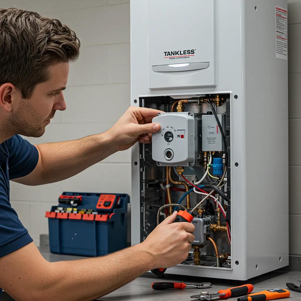 Technician repairing a tankless water heater in a modern workspace